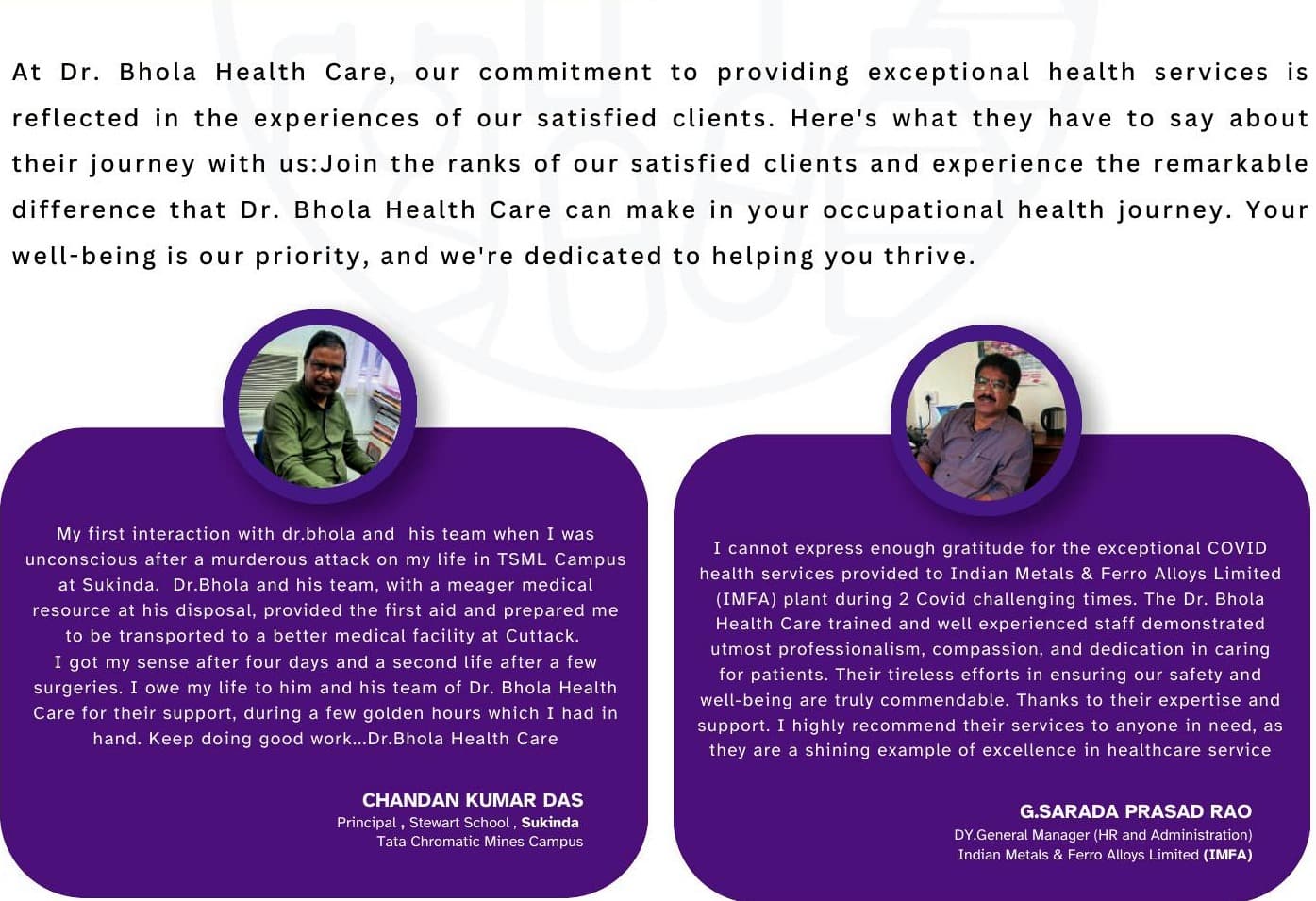 Client testimonial cards with portraits from the DBHC brochure